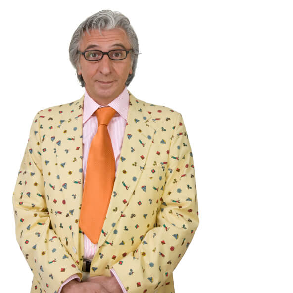 Man wearing loud jacket, shirt, and tie