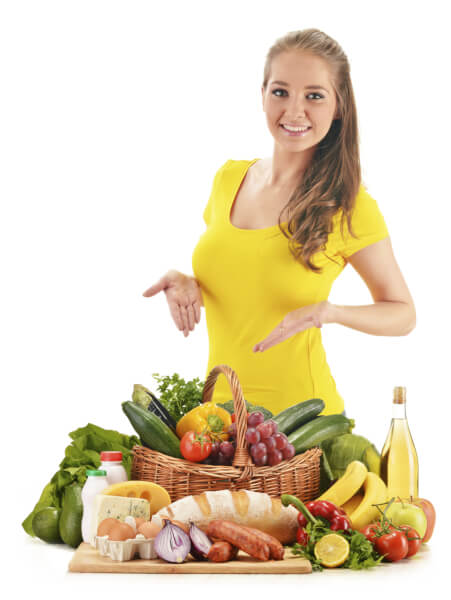 Young woman with a display of food.