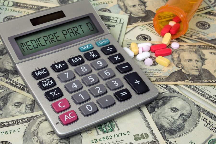 Calculator with pills on a tabletop.