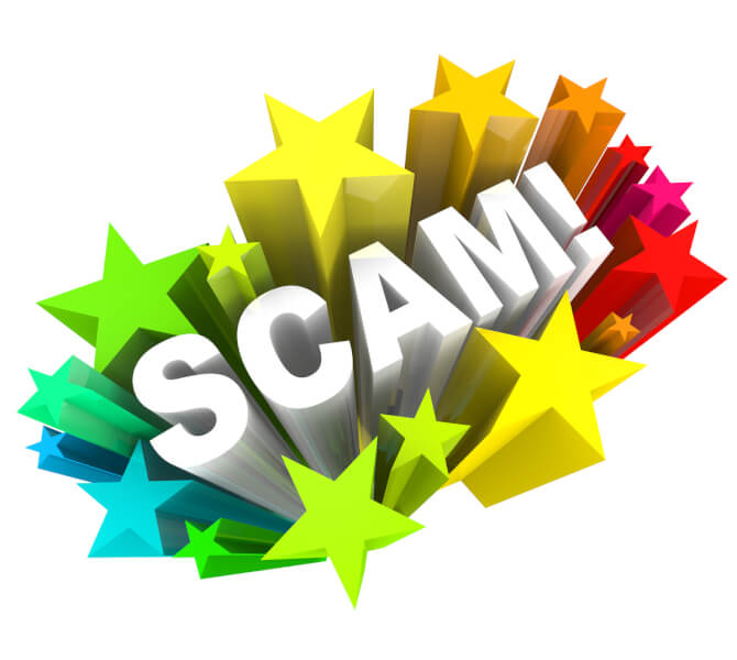 The word Scam surrounded by stars.