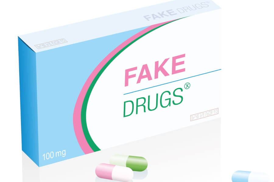 Box labeled Fake Drugs.