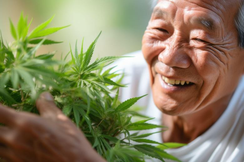 older man harvesting marijuana