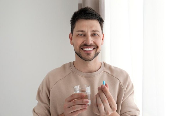 Man holding up a pill Man holding up a pill