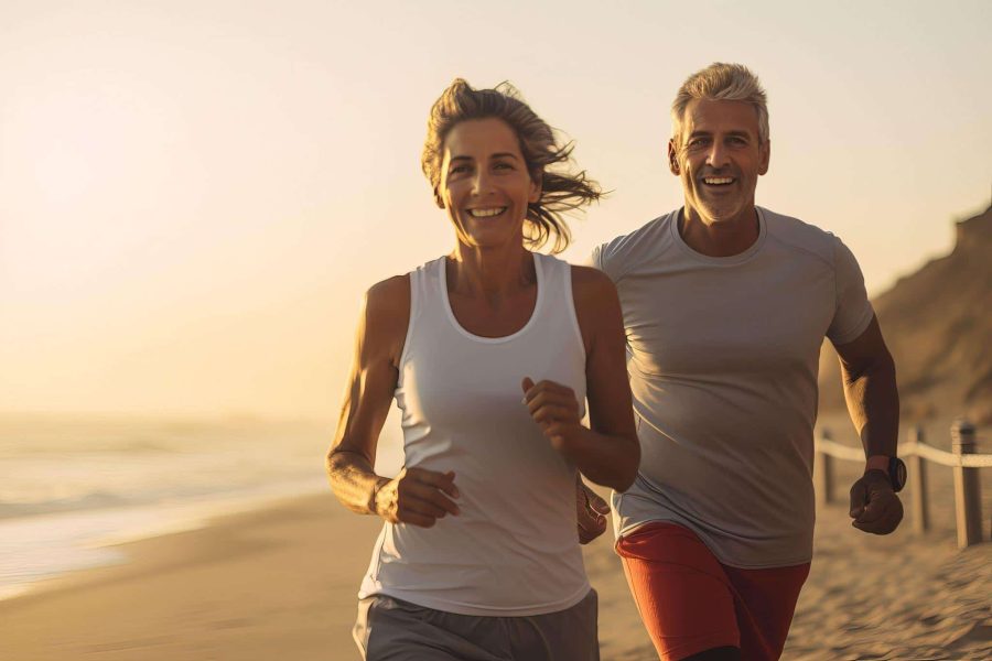 elderly couple happily jogging at the beach