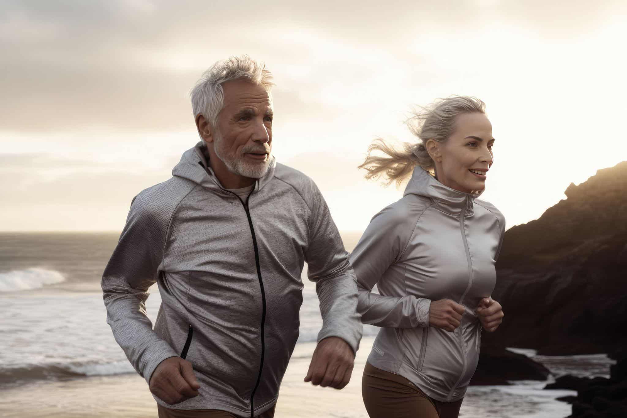 older couple jogging on the beach