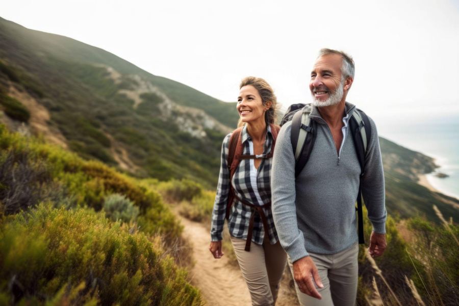 middle-aged couple walking outdoors