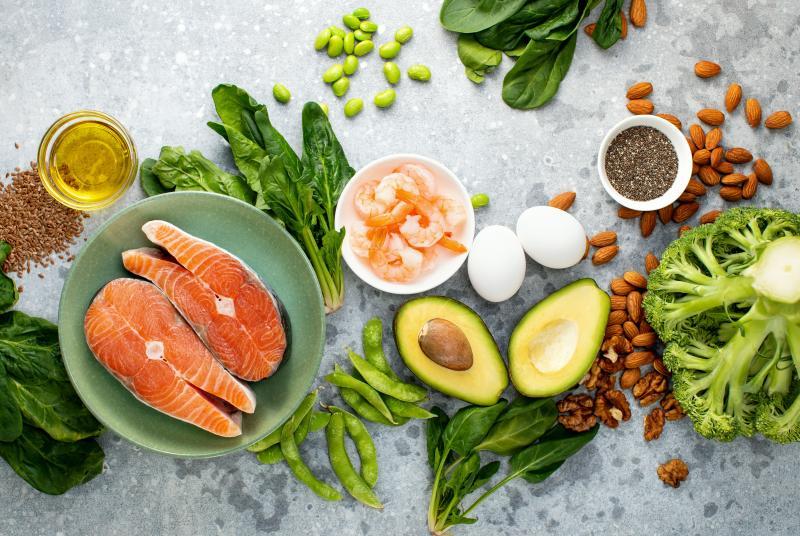 healthy foods: salmon, avocado, eggs, shrimps