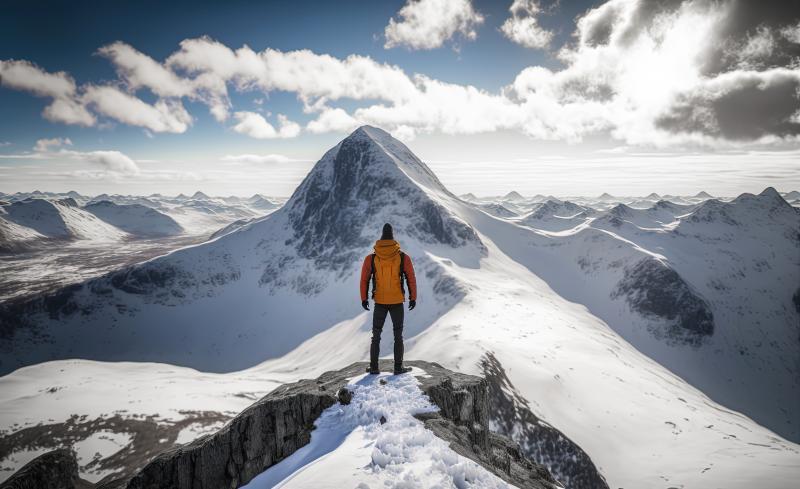 man hiking on snowy mountains