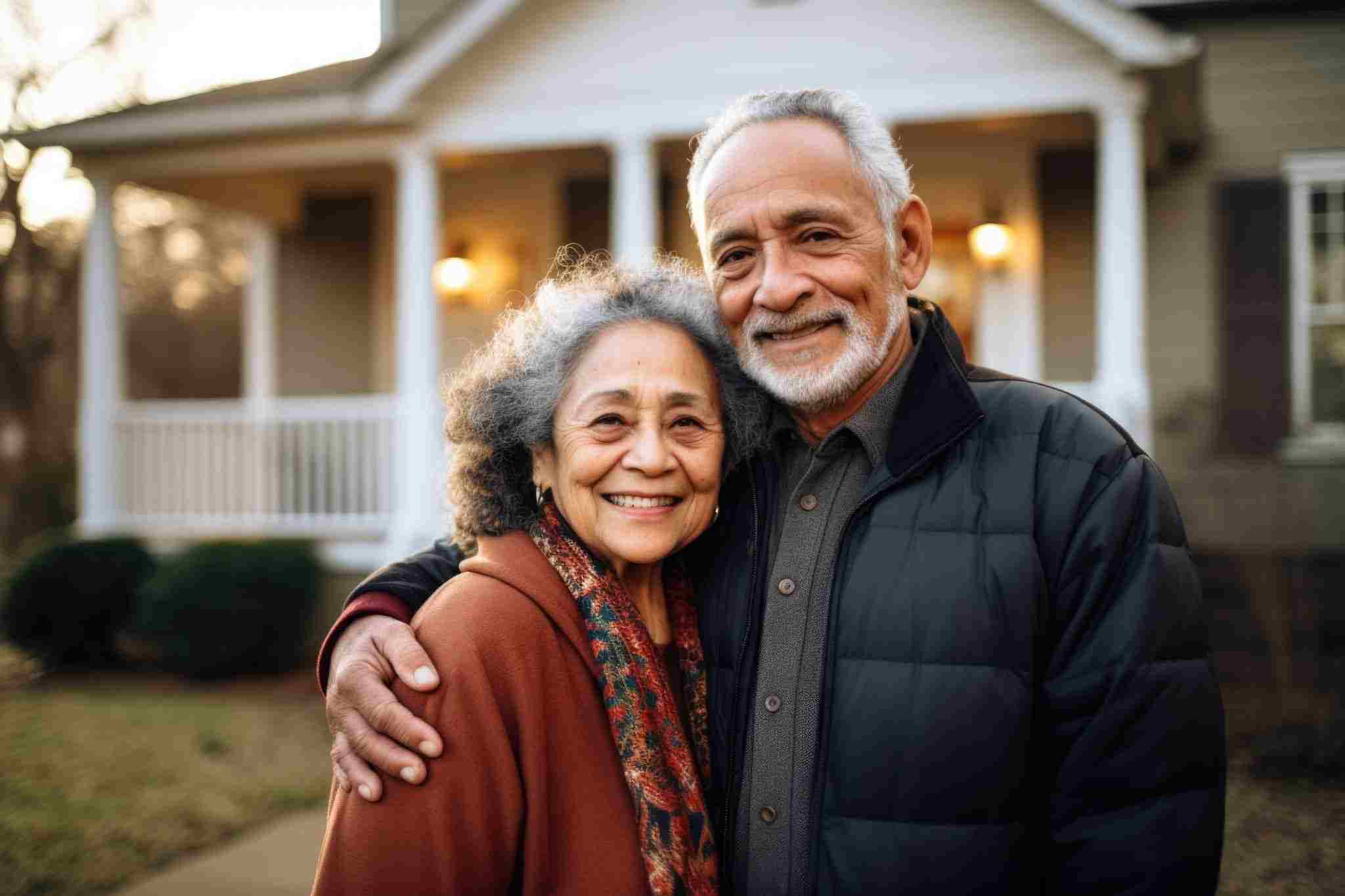 elderly couple taking a photo in their front yeard