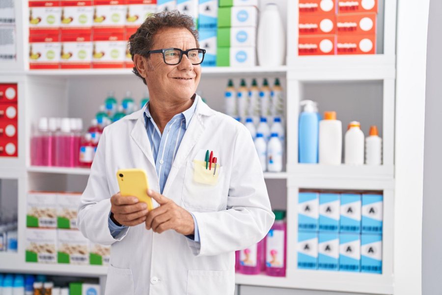 pharmacist holding a phone