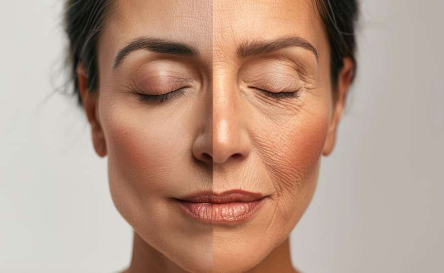 woman's face closeup of a side by side comparison of skin quality