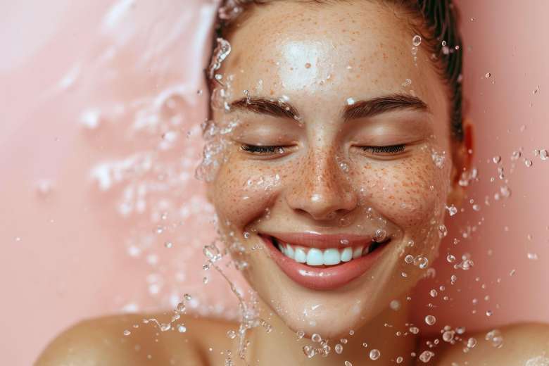 young woman washing her face and smiling