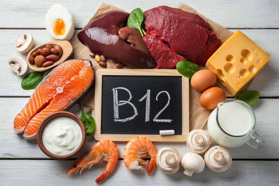 Assorted B12-rich foods like shrimp dairy and meat