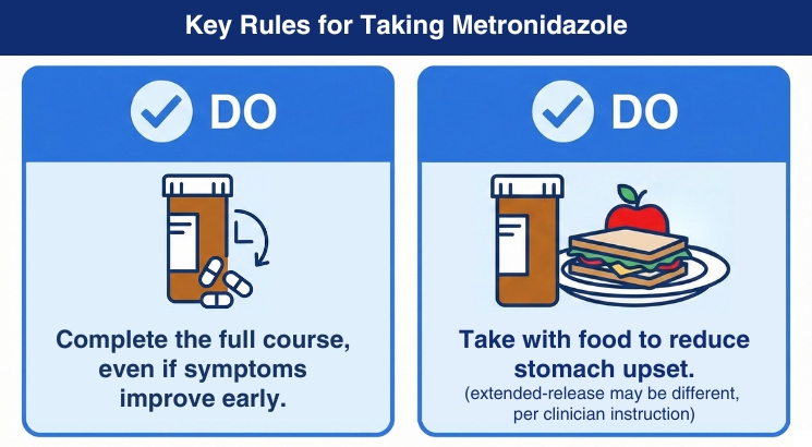 Dos and guidelines infographic for proper metronidazole usage