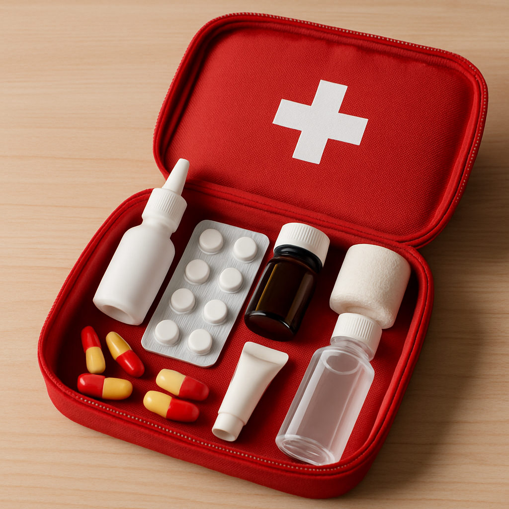 A well-organized home emergency kit containing essential medications, bandages, and first aid supplies.