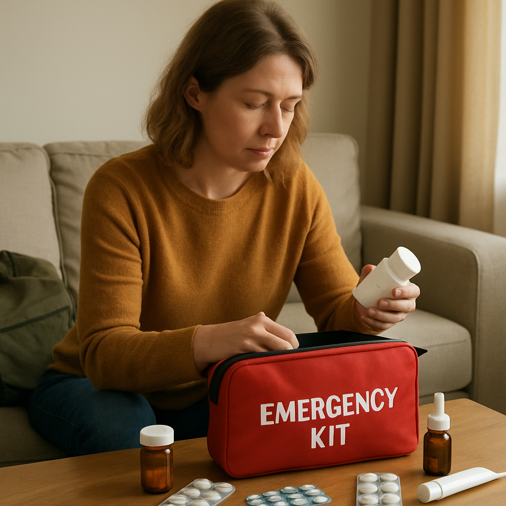 A clear plastic container holding labeled bottles of emergency kit medications including ibuprofen, antihistamines, and bandages.