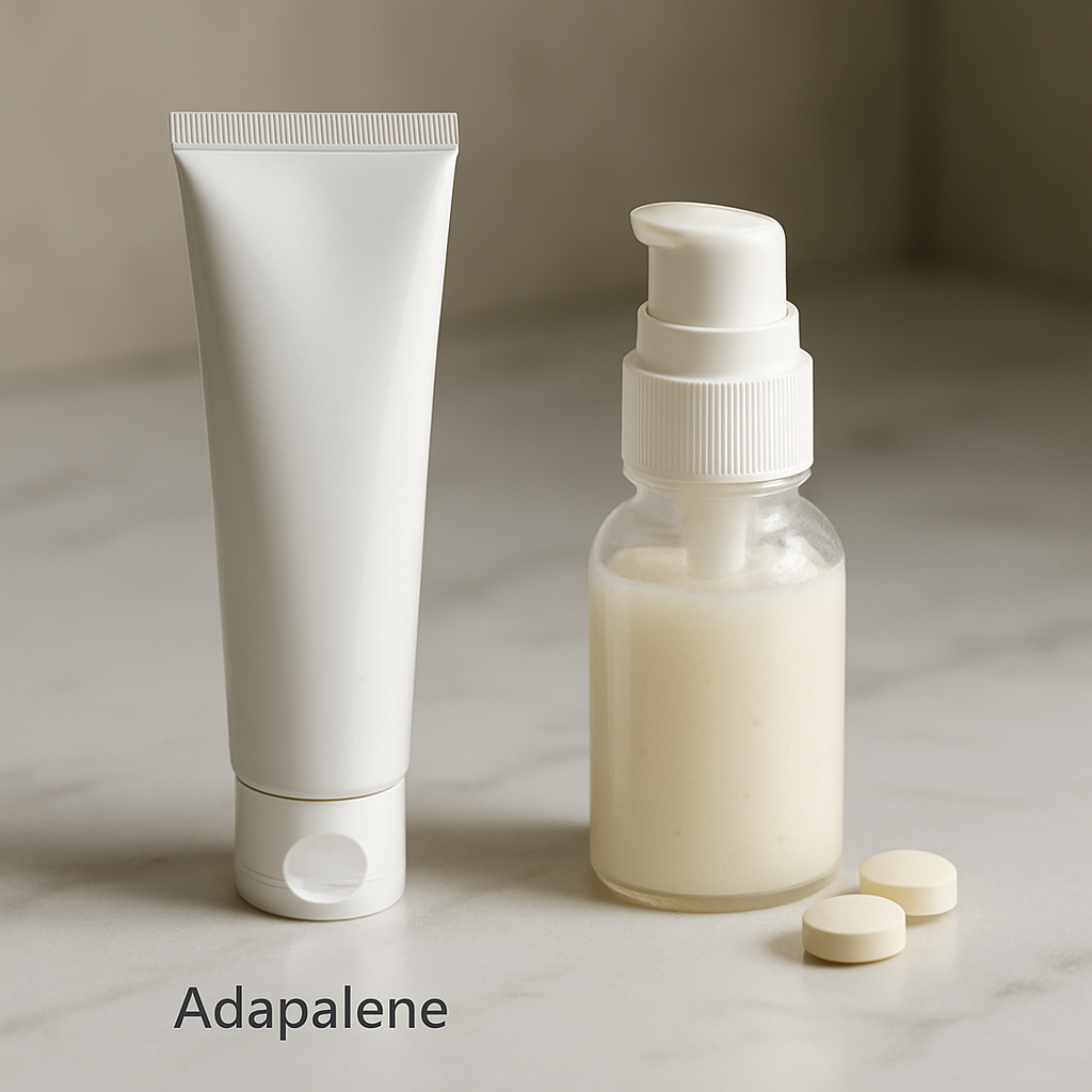 Side-by-side tubes illustrating adapalene vs benzoyl peroxide treatments for acne on a bathroom counter.