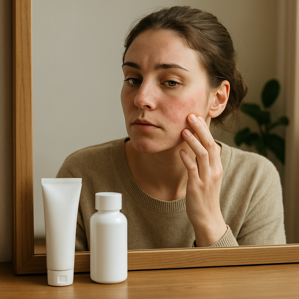 Woman examining irritated cheek in a mirror, with two white skincare bottles on a wooden dresser nearby.