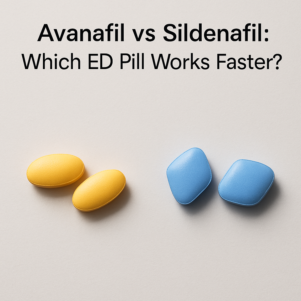 Two ED tablets side by side illustrating an avanafil vs sildenafil comparison on a pharmacy counter.
