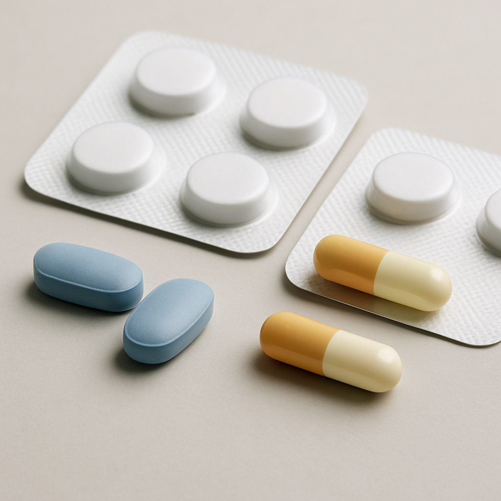 Pill bottles comparing azithromycin vs doxycycline for chlamydia treatment on a pharmacy counter.