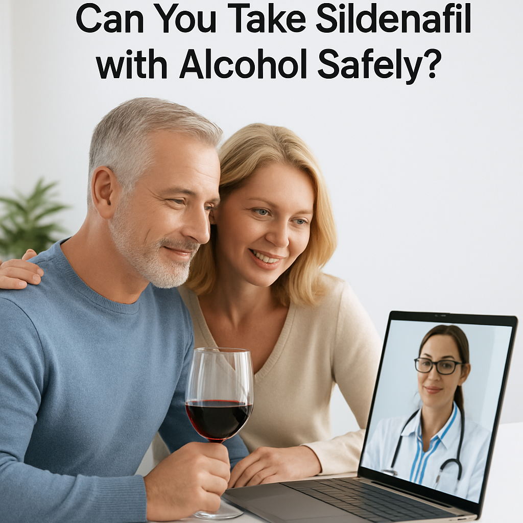 Couple video chatting with a doctor on a laptop, man holding a glass of red wine, discussing sildenafil and alcohol safety.