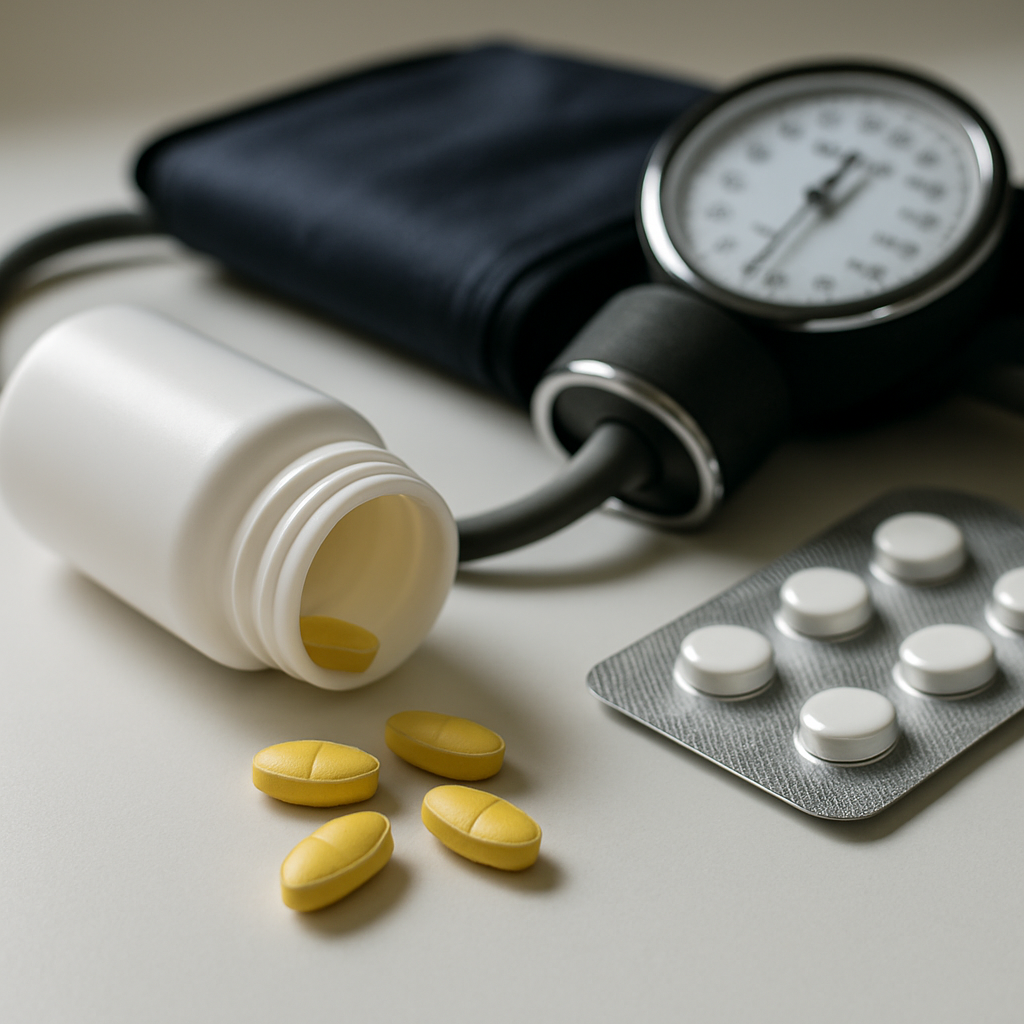Pill bottles representing tadalafil with blood pressure medication on a kitchen counter next to a blood pressure cuff.