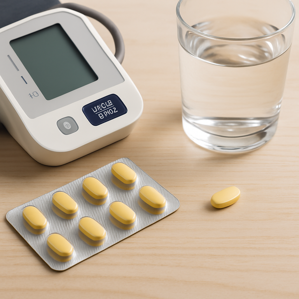 Bottle of tadalafil with blood pressure medication next to a home blood pressure monitor on a kitchen counter.