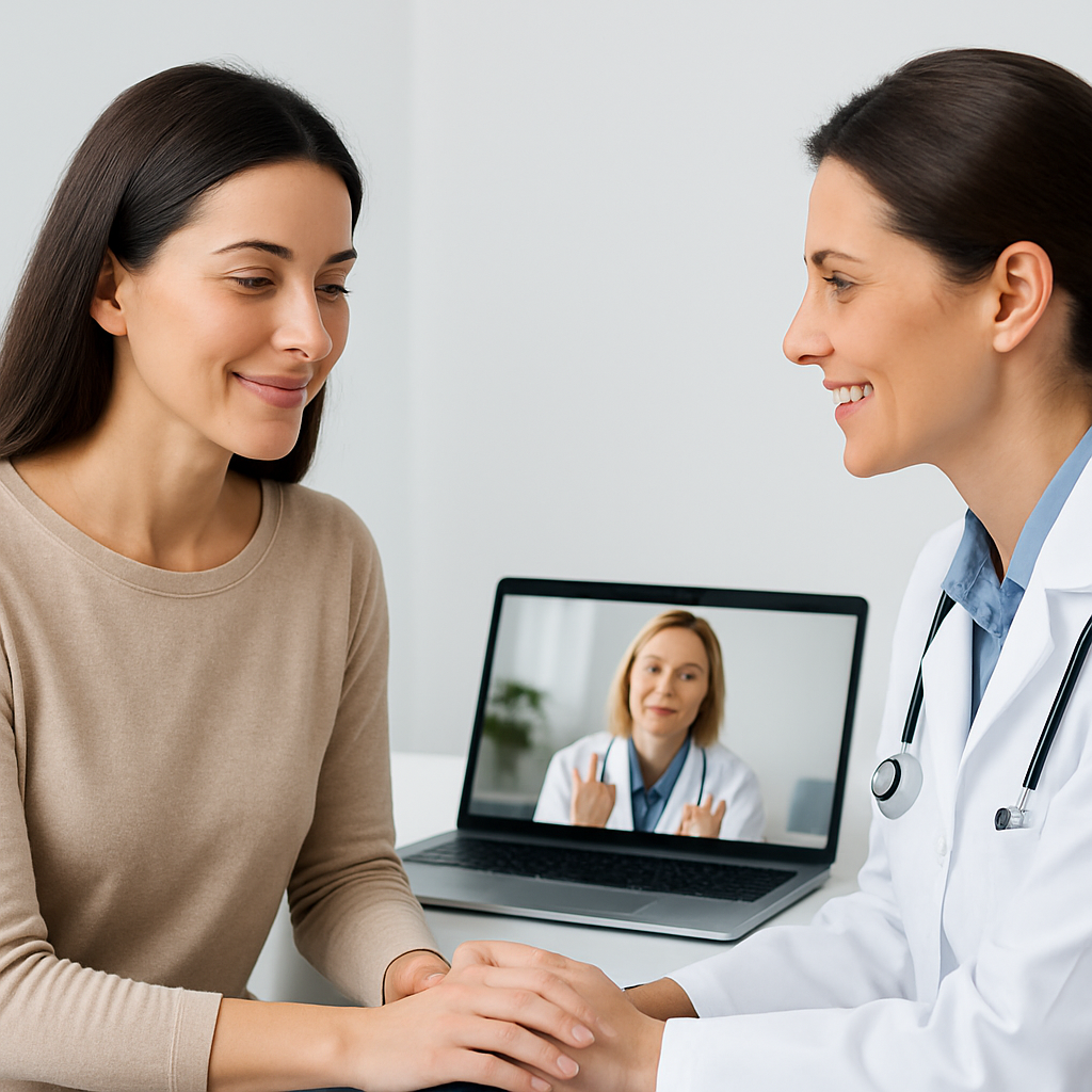 Woman patient and clinician smiling during a in-person visit; hands clasped, laptop on the desk shows a remote doctor on video call.