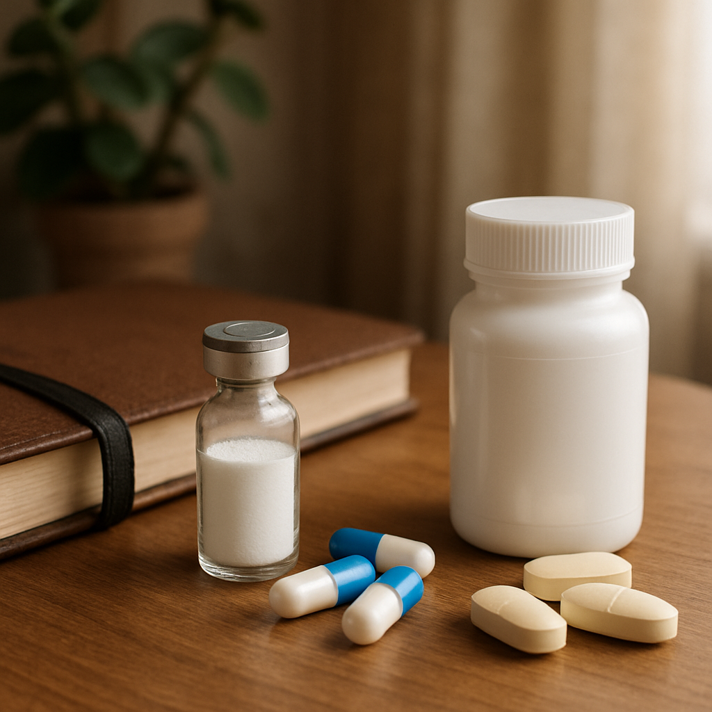Pharmacist comparing ceftriaxone vs cefixime injection and oral tablets for gonorrhea treatment.