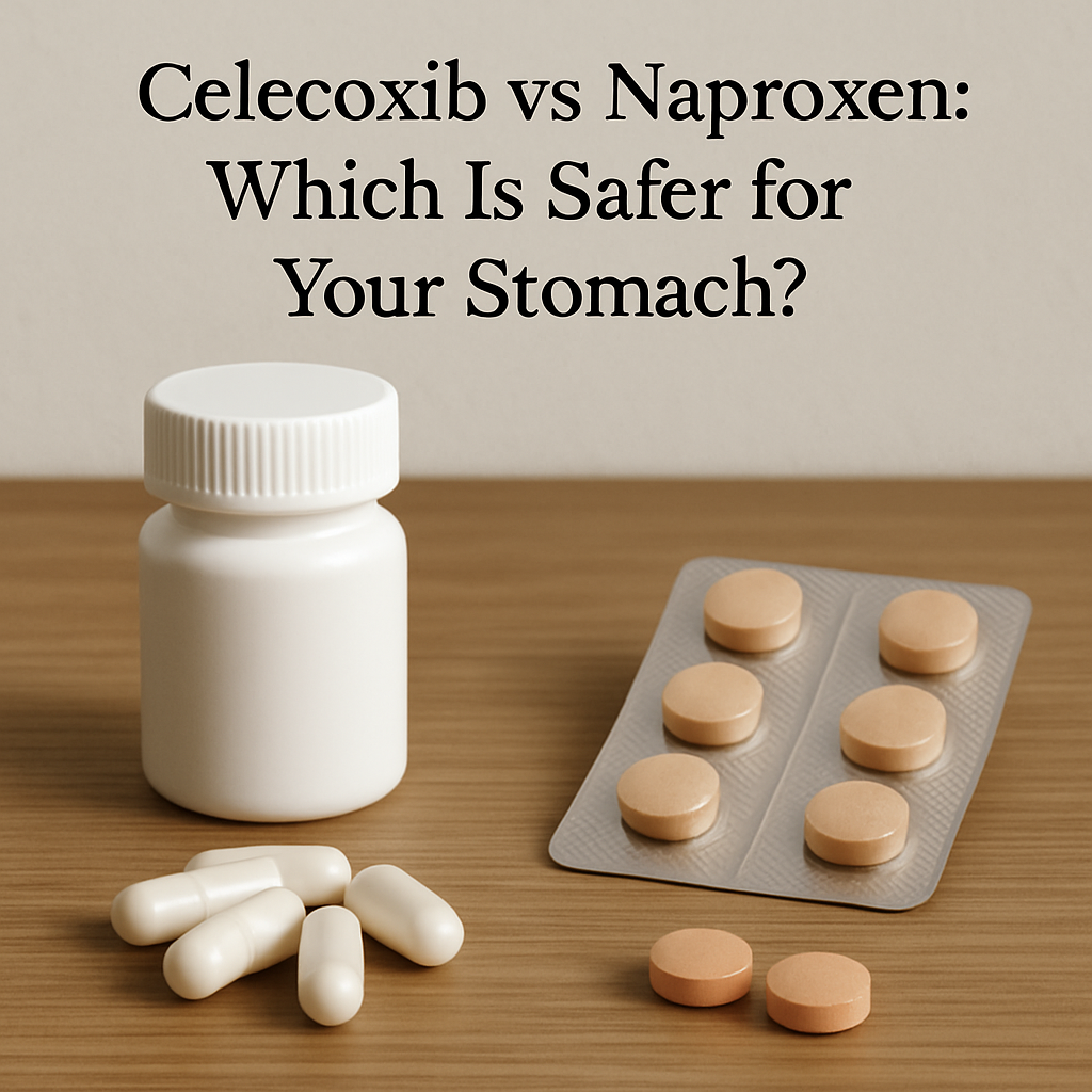 Pharmacist comparing celecoxib vs naproxen tablets on a counter to explain stomach safety to a patient.