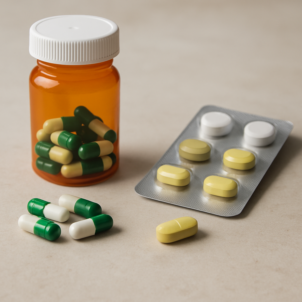 Pharmacist comparing cephalexin vs nitrofurantoin pill bottles for UTI treatment safety.