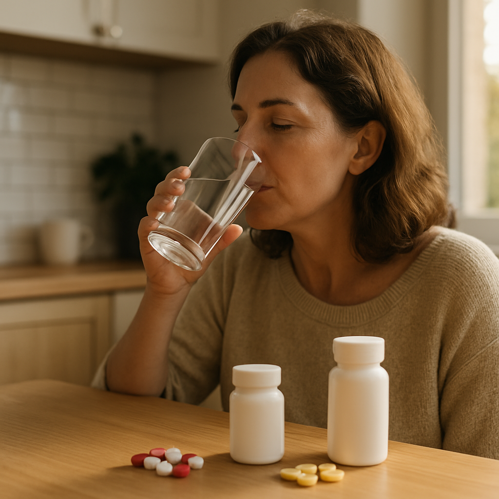 Woman sits at a table drinking water from a glass; two white medicine bottles and assorted pills are on the table in front of her.