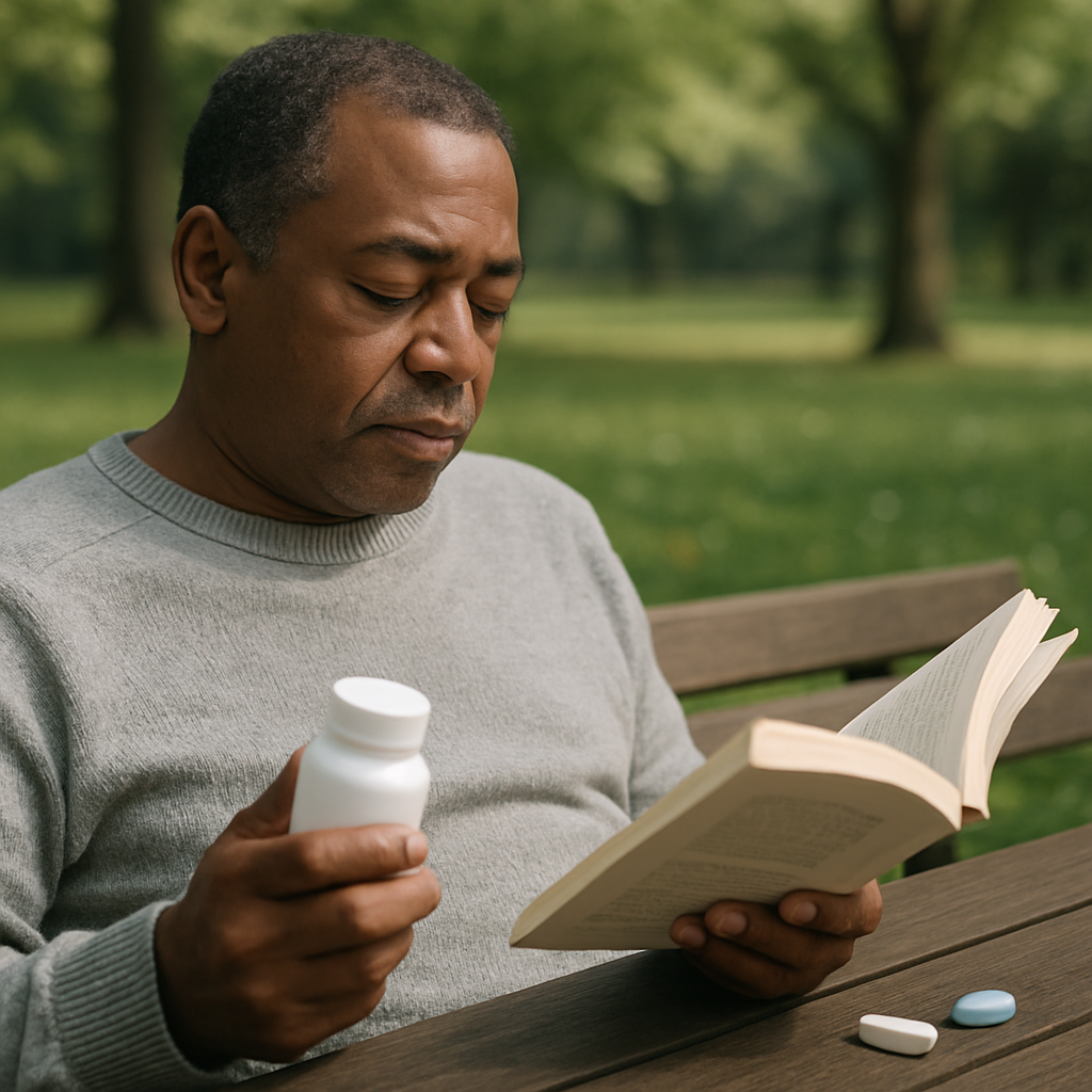 Man in a gray sweater sits on a park bench, reading a book, with a white pill bottle in his hand and two pills on the table beside him.