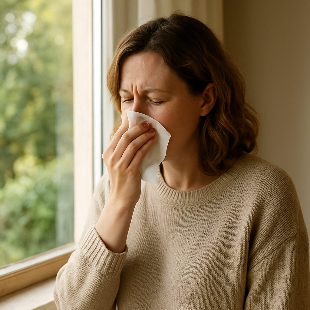 Woman pressing a tissue to her nose while sneezing by a window, wearing a beige sweater - appears ill or congested