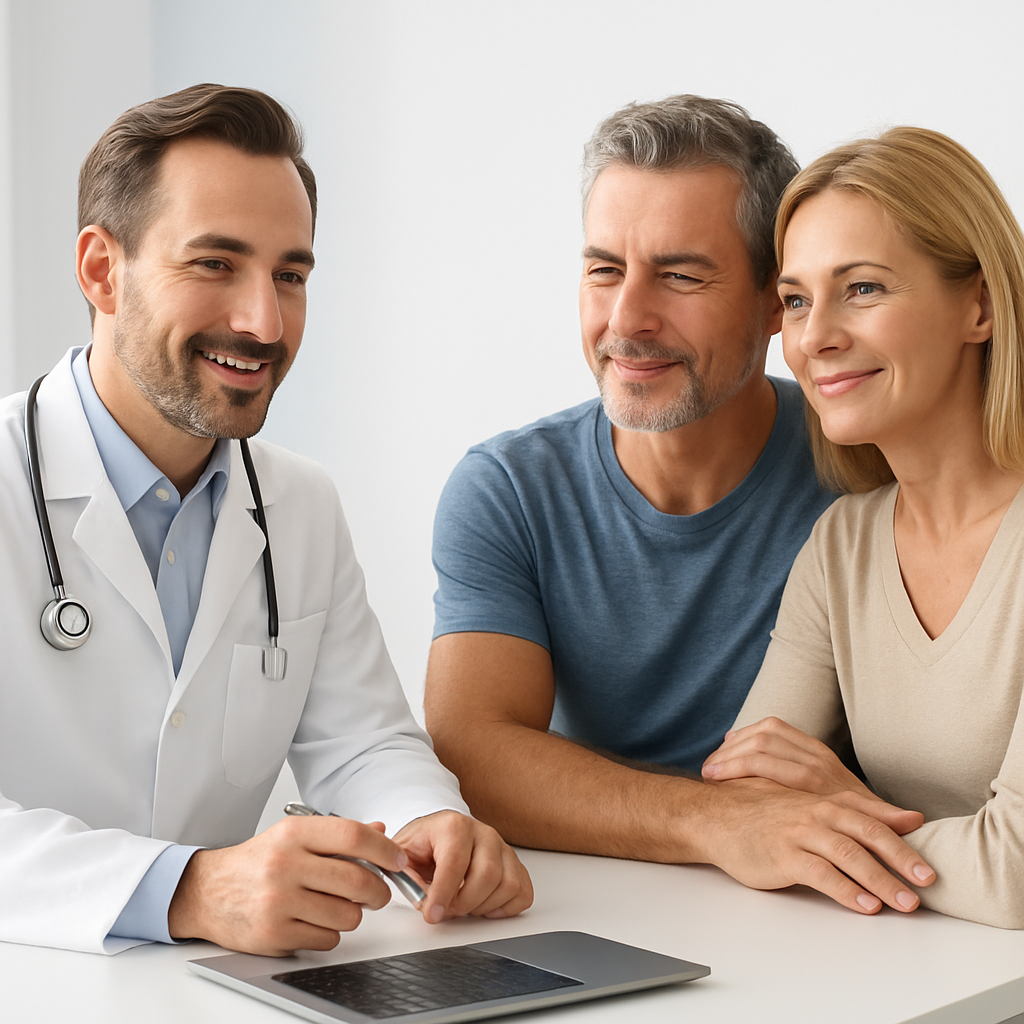 Pharmacist explaining clomiphene vs testosterone treatment options to a male patient at a counter.