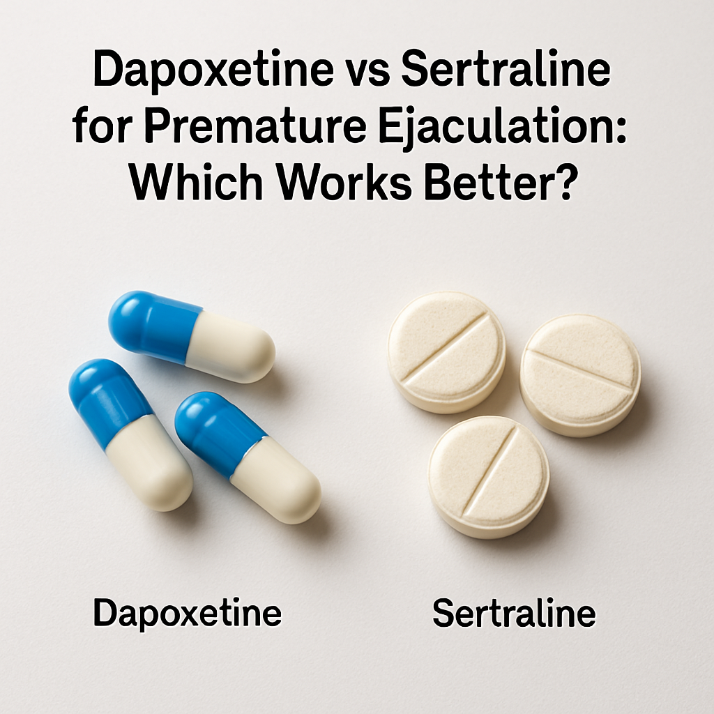 Comparison image: blue‑white capsules labeled Dapoxetine vs beige round pills labeled Sertraline for premature ejaculation.