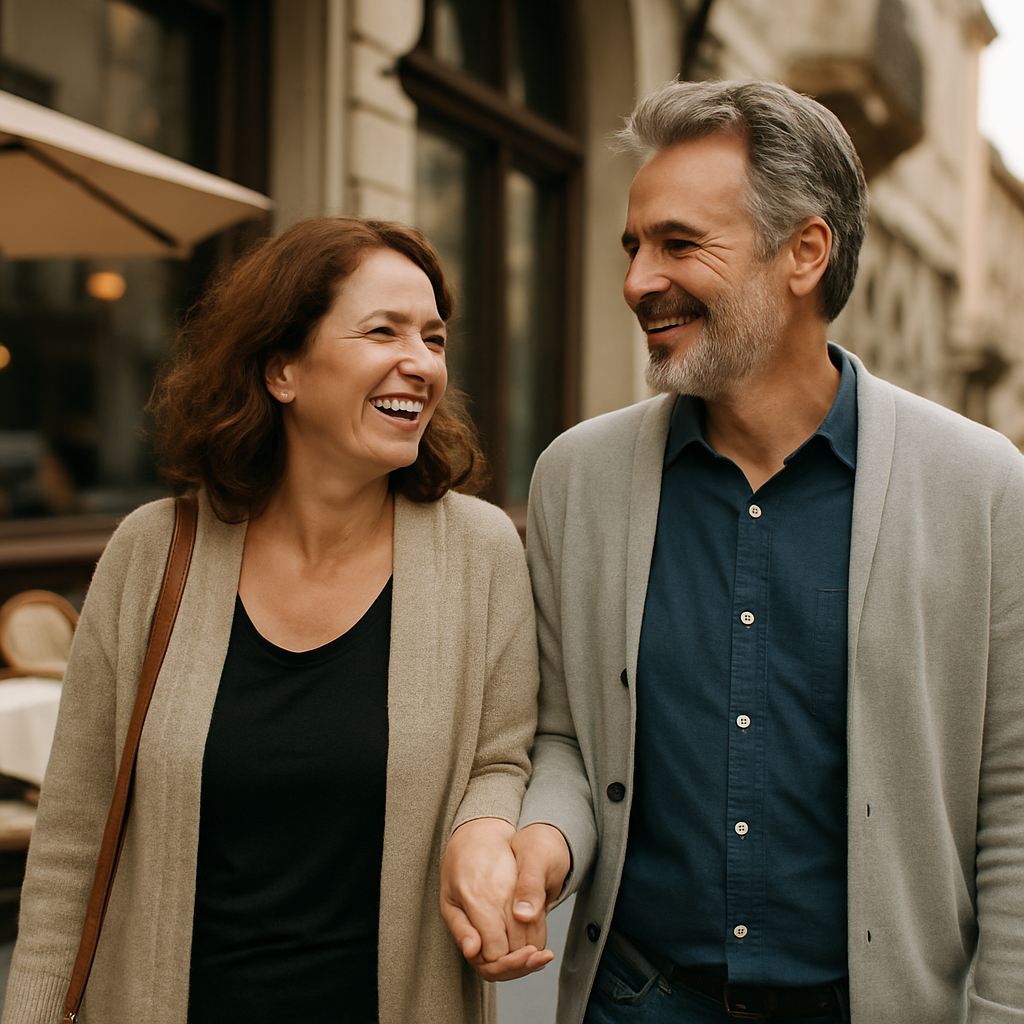 Couple walking arm in arm on a city street, smiling and laughing together.