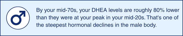 DHEA levels decline 80% in men by mid-70s compared to mid-20s peak