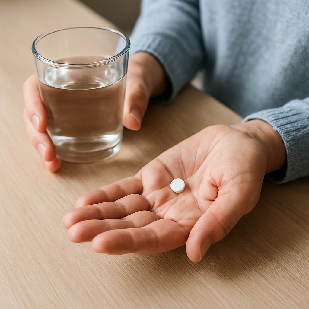 White donepezil for Alzheimer's tablets on a pharmacy counter next to a prescription bottle.