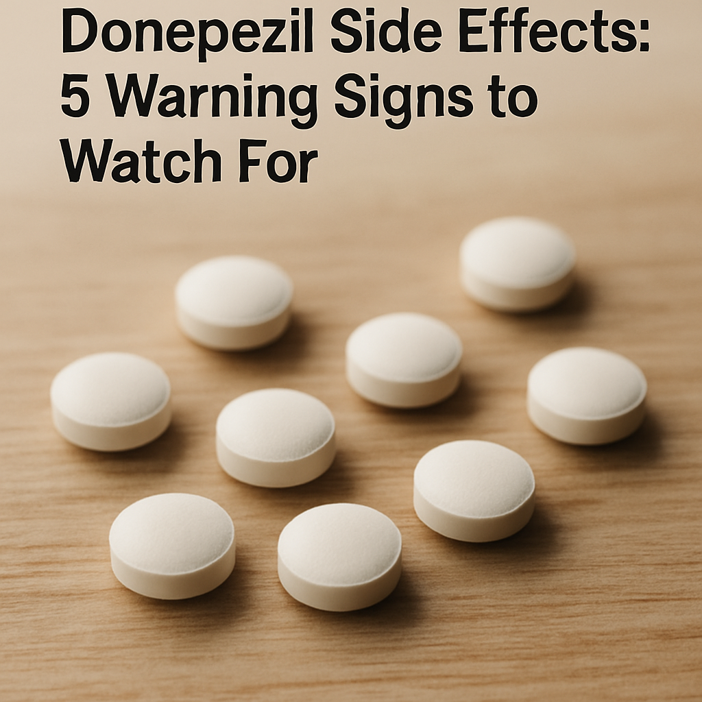 Older adult reviewing donepezil side effects information with a caregiver at a kitchen table.