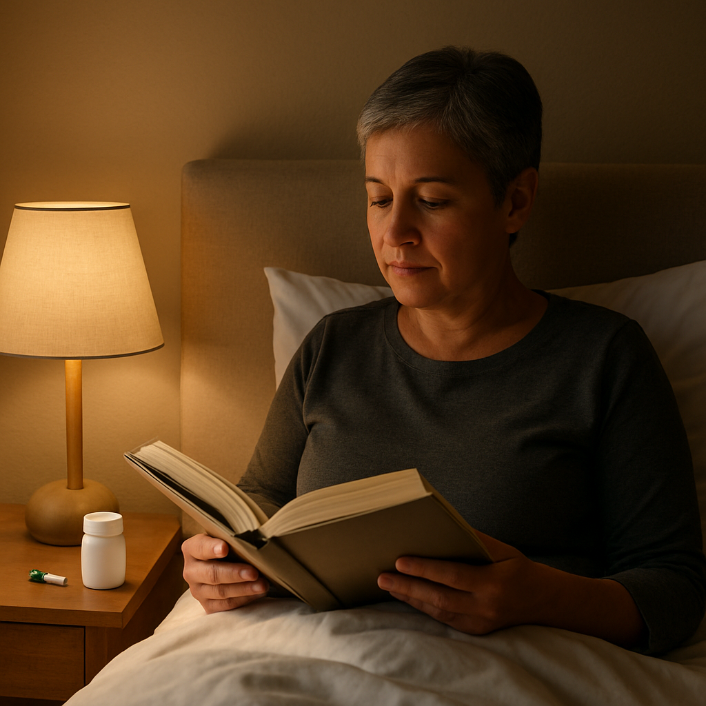 Woman with short gray hair sits in bed reading an open book by a warm bedside lamp.