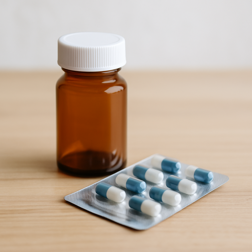 Bottle of doxycycline for chlamydia treatment next to a glass of water on a kitchen counter.