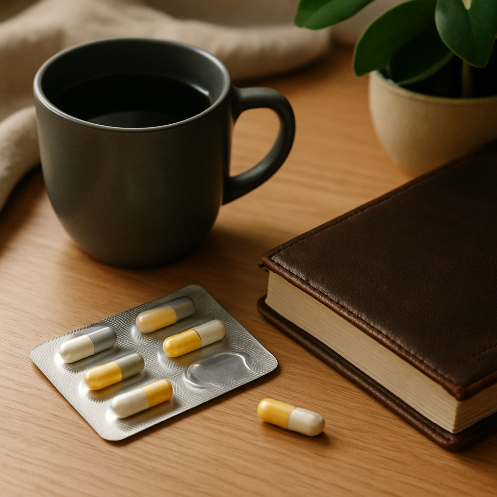 Bottle of doxycycline for syphilis treatment next to a prescription pad and glass of water.