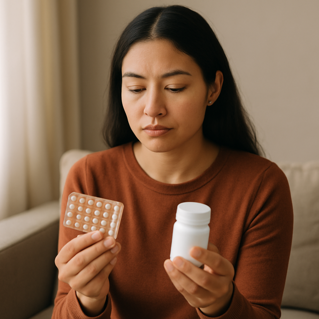 Woman on a sofa holds a blister pack of pills in one hand and a white medication bottle in the other, looking thoughtful about taking medicine.