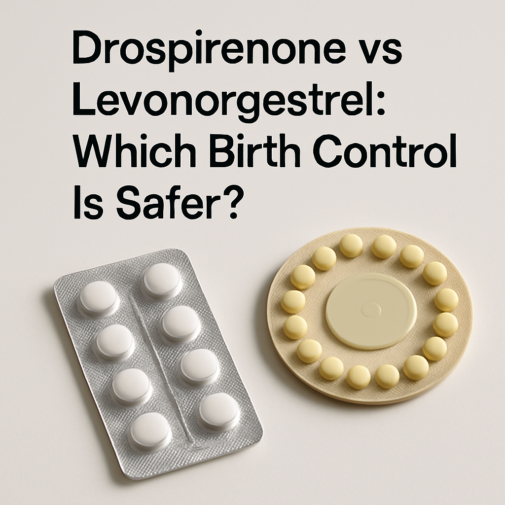 Two birth control pill packs illustrating the drospirenone vs levonorgestrel safety comparison.