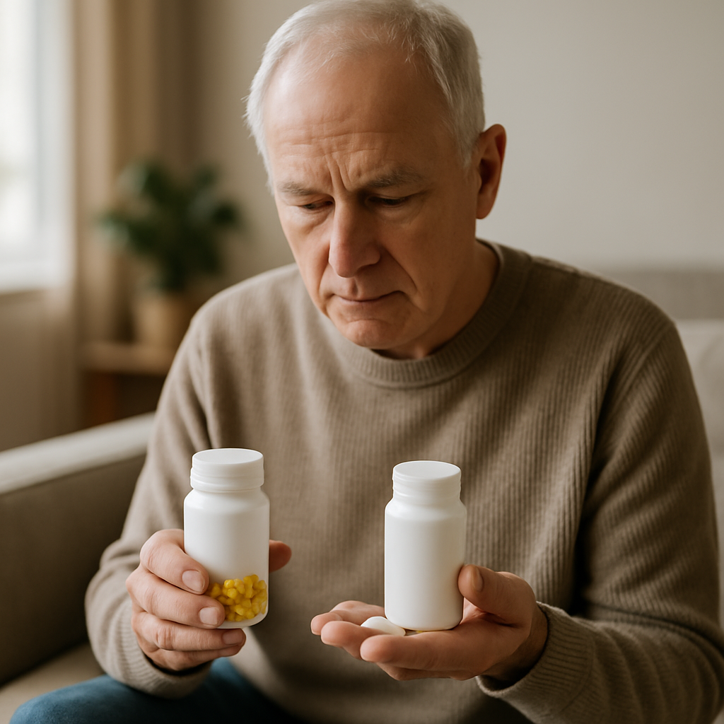 Pharmacist comparing dutasteride vs finasteride pill bottles for BPH treatment.