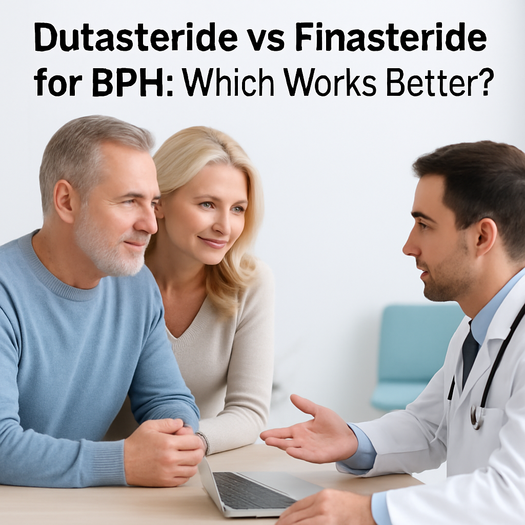 Pharmacist comparing dutasteride vs finasteride pill bottles for BPH treatment.