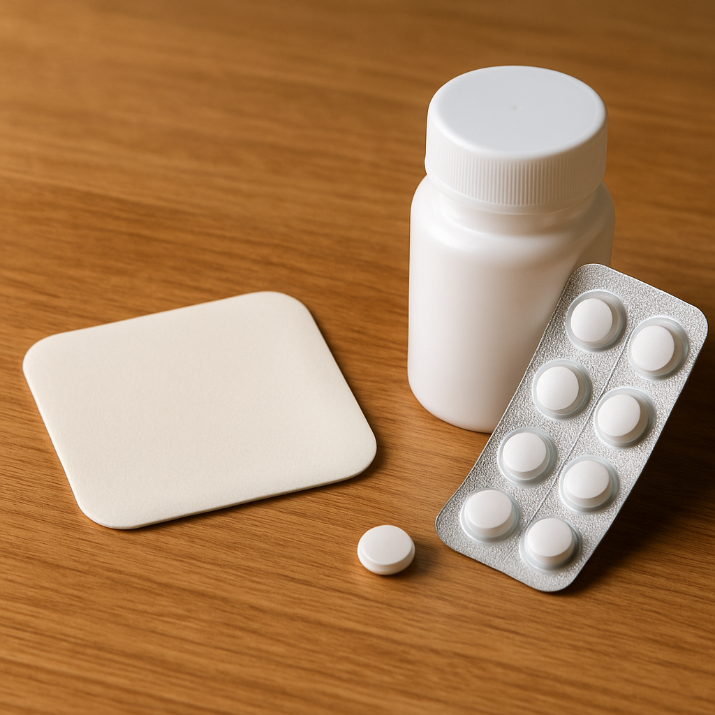 White medicine bottle with screw cap, blister pack of pills, a single tablet, and a blank adhesive patch on a wooden surface—medical supplies ready for use (informative).