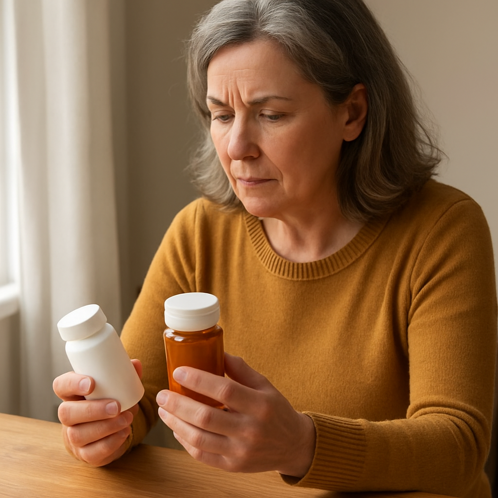 Older woman with gray hair in a mustard sweater sits at a table, examining two pill bottles—one white and one amber—handing near a window.