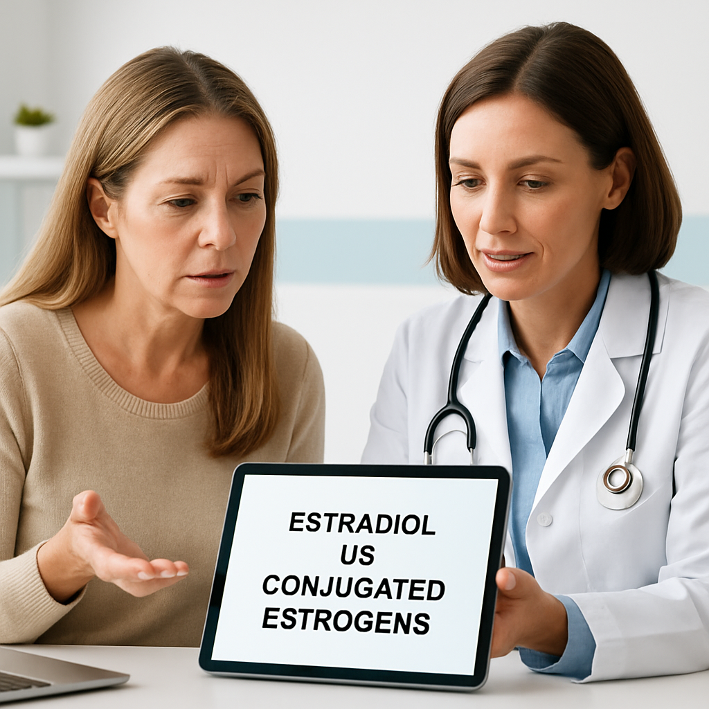 Pharmacist comparing estradiol vs conjugated estrogens HRT tablets on a counter.